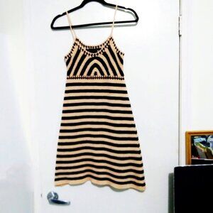 Black & Beige Striped Knit Crochet Spaghetti Strap Empire Cut Midi Dress Sz S